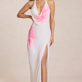 White Floral Print Chiffon Maxi Dress