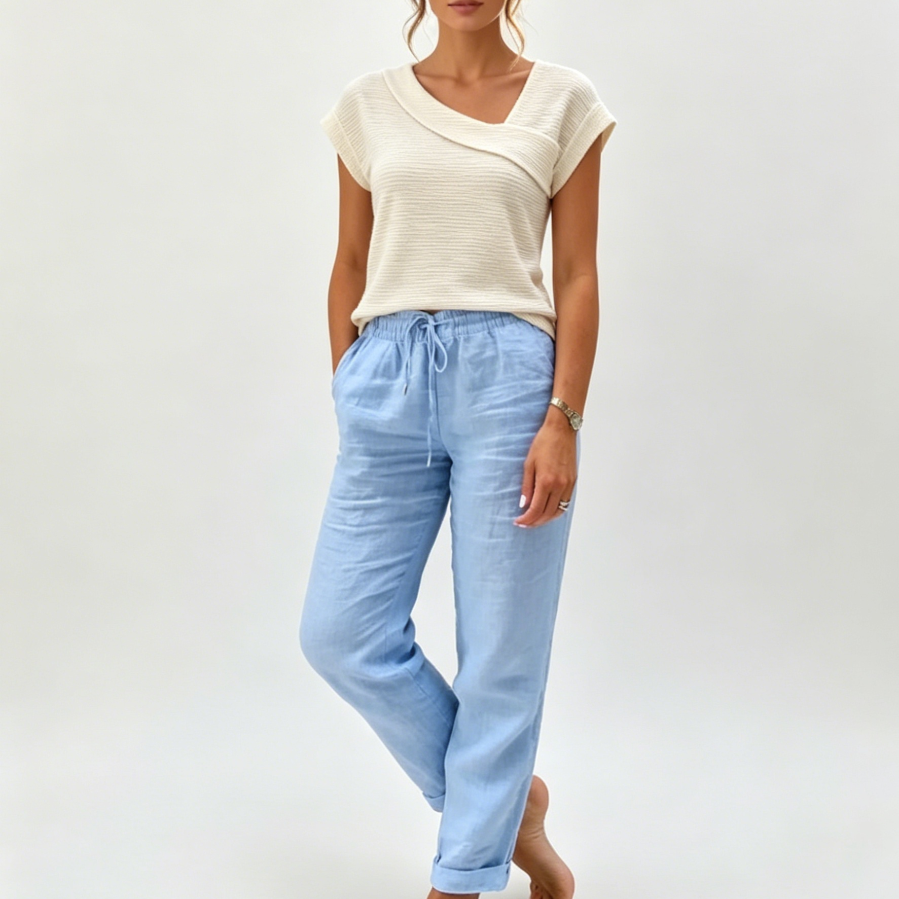🔥🔥[S-2XL]🍃👖 Női rugalmas derékú pamut-len széles szárú nadrág