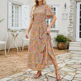👗Női virágmintás, rövid lobogó ujjú, smockolt, magas derekú maxi ruha