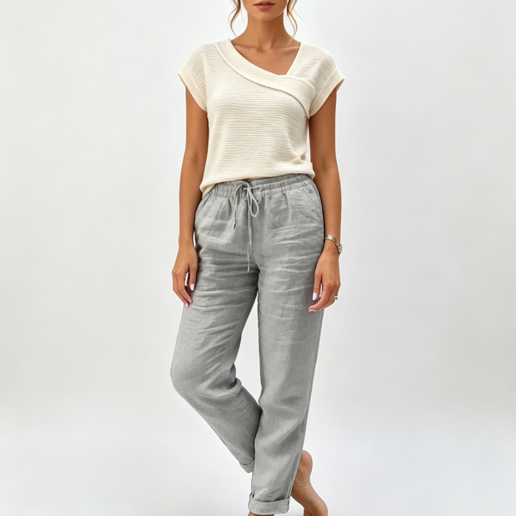 🔥🔥[S-2XL]🍃👖 Női rugalmas derékú pamut-len széles szárú nadrág