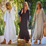 🌸[S-XL]👗Női minimalista V-nyakú hosszú pamutvászon ruha🌿💃
