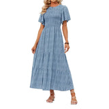 👗Női virágmintás, rövid lobogó ujjú, smockolt, magas derekú maxi ruha