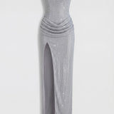 Fénylő Ezüst Bandeau Cowl Derék Maxi Ruha