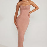 Elegáns Bézs Bandeau Cowl Maxi Ruha