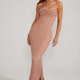 Elegáns Bézs Bandeau Cowl Maxi Ruha