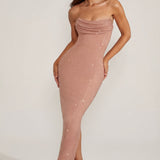 Elegáns Bézs Bandeau Cowl Maxi Ruha