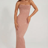 Elegáns Bézs Bandeau Cowl Maxi Ruha