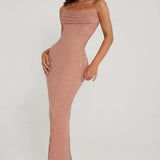 Elegáns Bézs Bandeau Cowl Maxi Ruha
