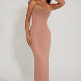 Elegáns Bézs Bandeau Cowl Maxi Ruha