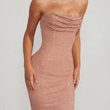 Elegáns Bézs Bandeau Cowl Maxi Ruha