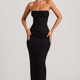 Fekete Díszes Bandeau Cowl Nyakú Maxi Ruha