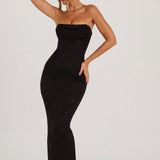 Fekete Díszes Bandeau Cowl Nyakú Maxi Ruha