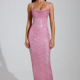 Rózsaszín Díszes Cowl-Neck Maxi Ruha