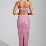 Rózsaszín Díszes Cowl-Neck Maxi Ruha