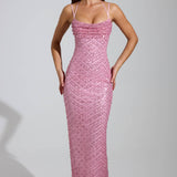 Rózsaszín Díszes Cowl-Neck Maxi Ruha