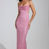 Rózsaszín Díszes Cowl-Neck Maxi Ruha