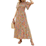 👗Női virágmintás, rövid lobogó ujjú, smockolt, magas derekú maxi ruha