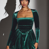 Emerald Green Velvet Long Sleeve Corset Mini Dress