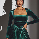 Emerald Green Velvet Long Sleeve Corset Mini Dress