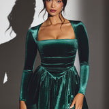 Emerald Green Velvet Long Sleeve Corset Mini Dress