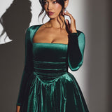 Emerald Green Velvet Long Sleeve Corset Mini Dress