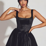 Fekete Taffeta Fűzős Mini Ruha