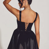 Fekete Taffeta Fűzős Mini Ruha