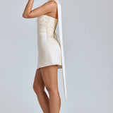 Ivory Satin Mini Dress with Draped Halter Neck