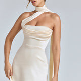 Ivory Satin Mini Dress with Draped Halter Neck