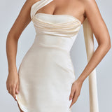 Ivory Satin Mini Dress with Draped Halter Neck