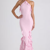 Soft Pink Halterneck Gown with Ruffle Trim