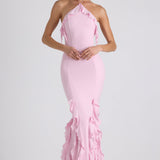 Soft Pink Halterneck Gown with Ruffle Trim