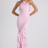 Soft Pink Halterneck Gown with Ruffle Trim