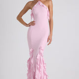 Soft Pink Halterneck Gown with Ruffle Trim