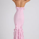 Soft Pink Halterneck Gown with Ruffle Trim