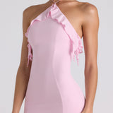 Soft Pink Halterneck Gown with Ruffle Trim