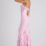 Soft Pink Halterneck Gown with Ruffle Trim