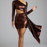 Réz Bronz Színű Fémes Jersey Mini Ruha