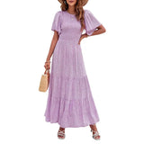 👗Női virágmintás, rövid lobogó ujjú, smockolt, magas derekú, lebegő maxi ruha
