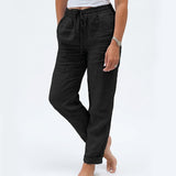 🔥[S-2XL]🍃👖 Női rugalmas derékú pamut-len széles szárú nadrág