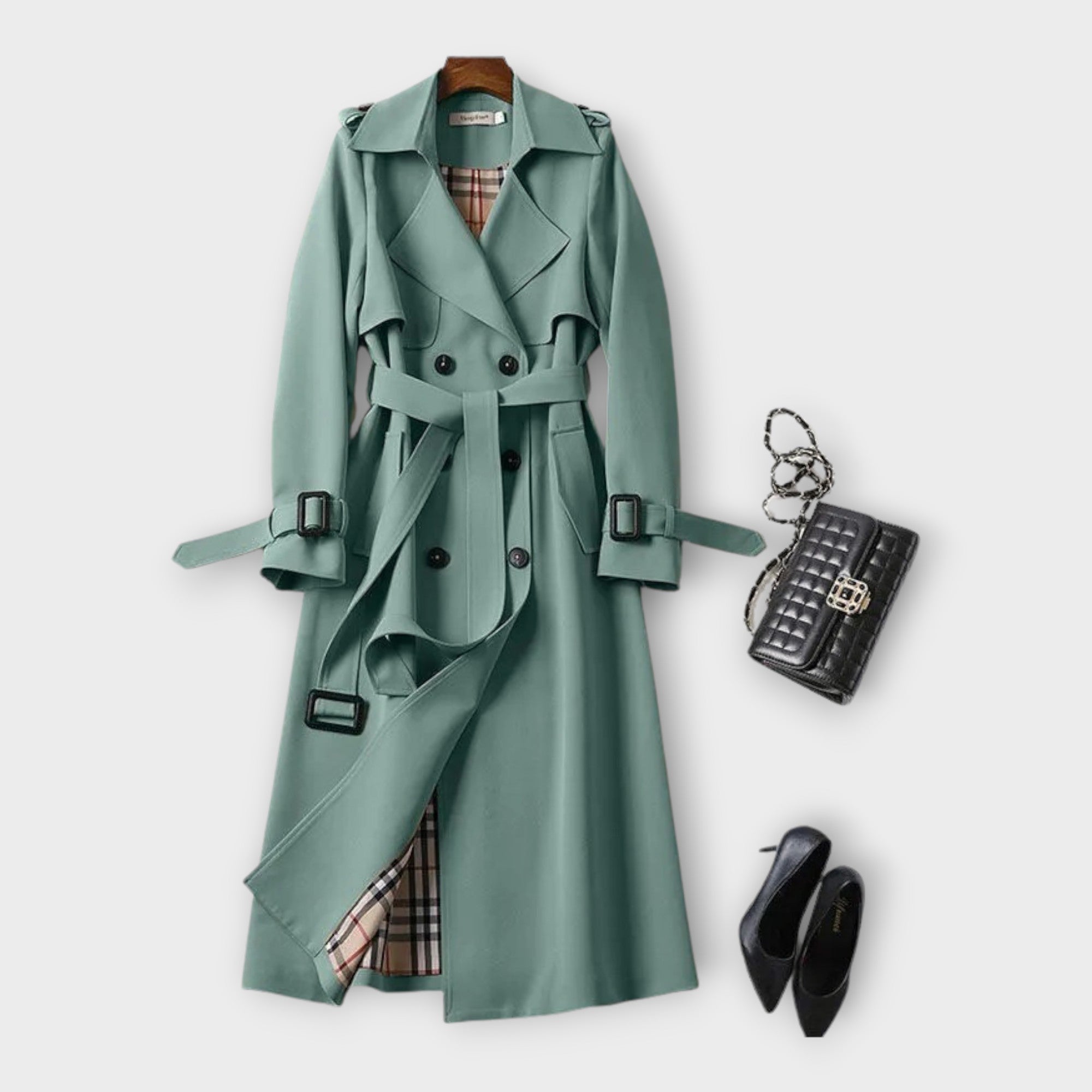 Merike | Klasszikus hosszú trench coat övvel" can be rewritten as: "Merike | Elegáns hosszú trench coat övvel