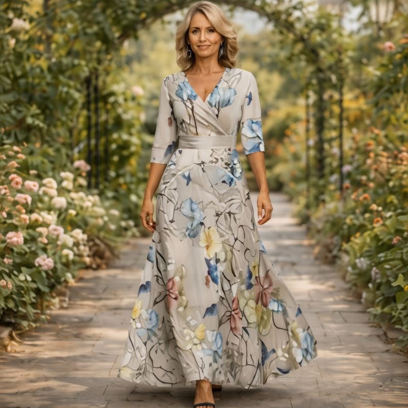 Fleur | Elegáns Virágmintás Ruha V-alakú Kivágással
