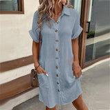 Női rövid ujjú ingruha gombos kivitelben, dupla zsebekkel