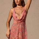 Cowl Neck Mini Dress with Paisley Print in Mint