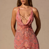 Cowl Neck Mini Dress with Paisley Print in Mint