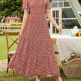 👗Női virágmintás, rövid lobogó ujjú, smockolt, magas derekú maxi ruha