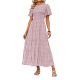 👗Női virágmintás, rövid lobogó ujjú, smockolt, magas derekú maxi ruha