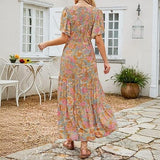 👗Női virágmintás, rövid lobogó ujjú, smockolt, magas derekú, lebegő maxi ruha