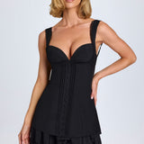 Fekete Ruffle-Trim Gombos Korsett Mini Ruha