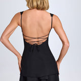 Fekete Ruffle-Trim Gombos Korsett Mini Ruha
